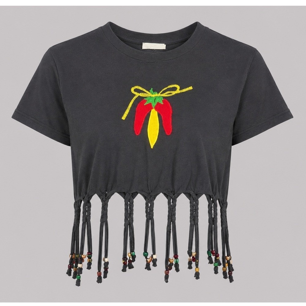 Vintage 80s One Step Up Chili Pepper Fringe Crop Top Beaded Black Medium
